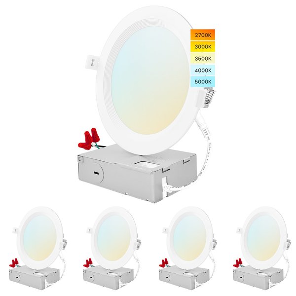 Luxrite 6 Inch Ultra Thin LED Recessed Downlights 5 CCT Selectable 2700K-5000K 14W 1150LM Dimmable 4-Pack LR23732-4PK